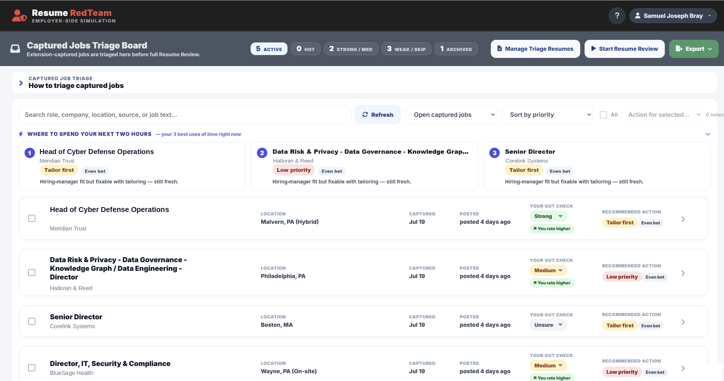 Captured Jobs Triage Board ranking postings by recommended action