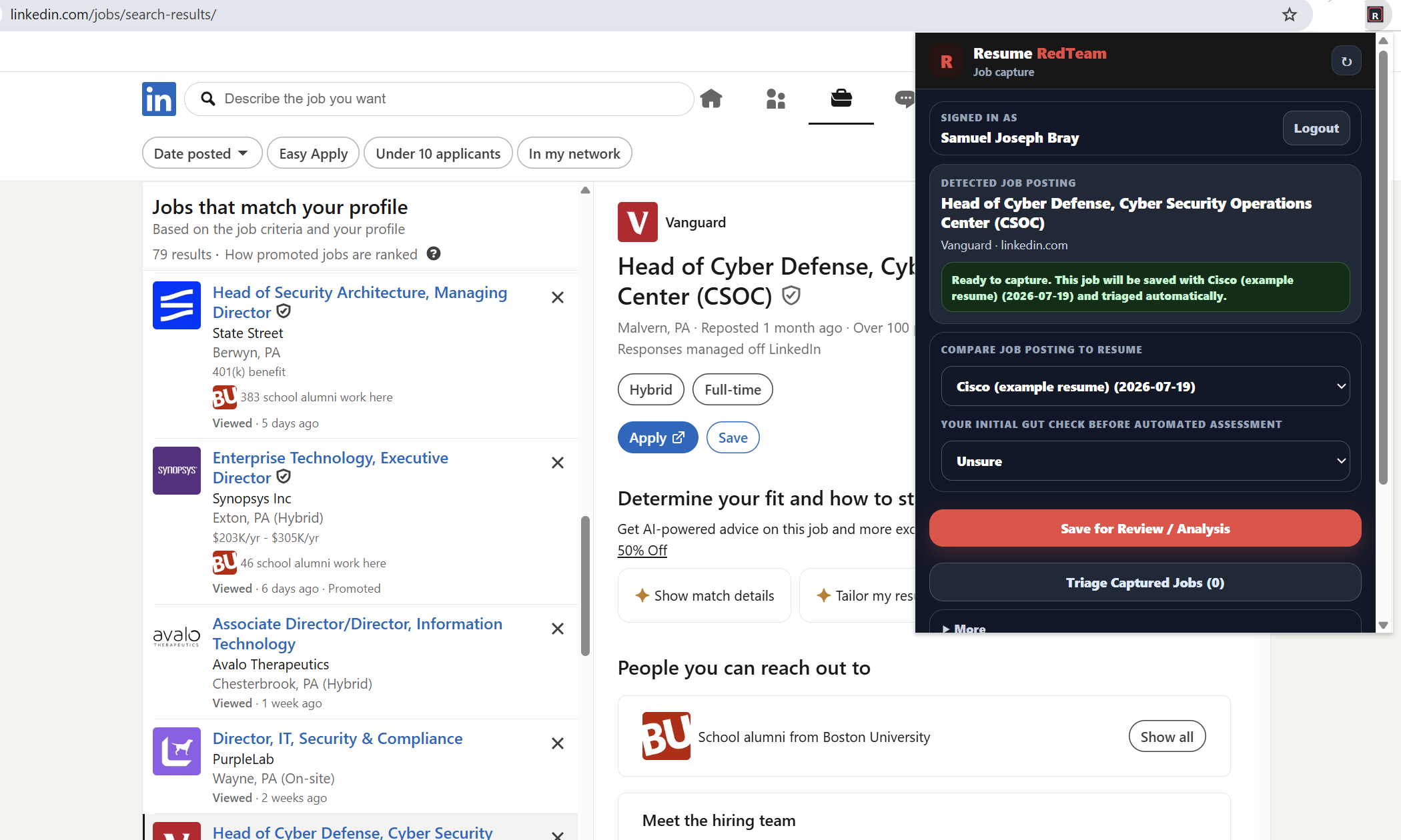 Resume RedTeam extension capturing a job posting on LinkedIn with a gut-check selector