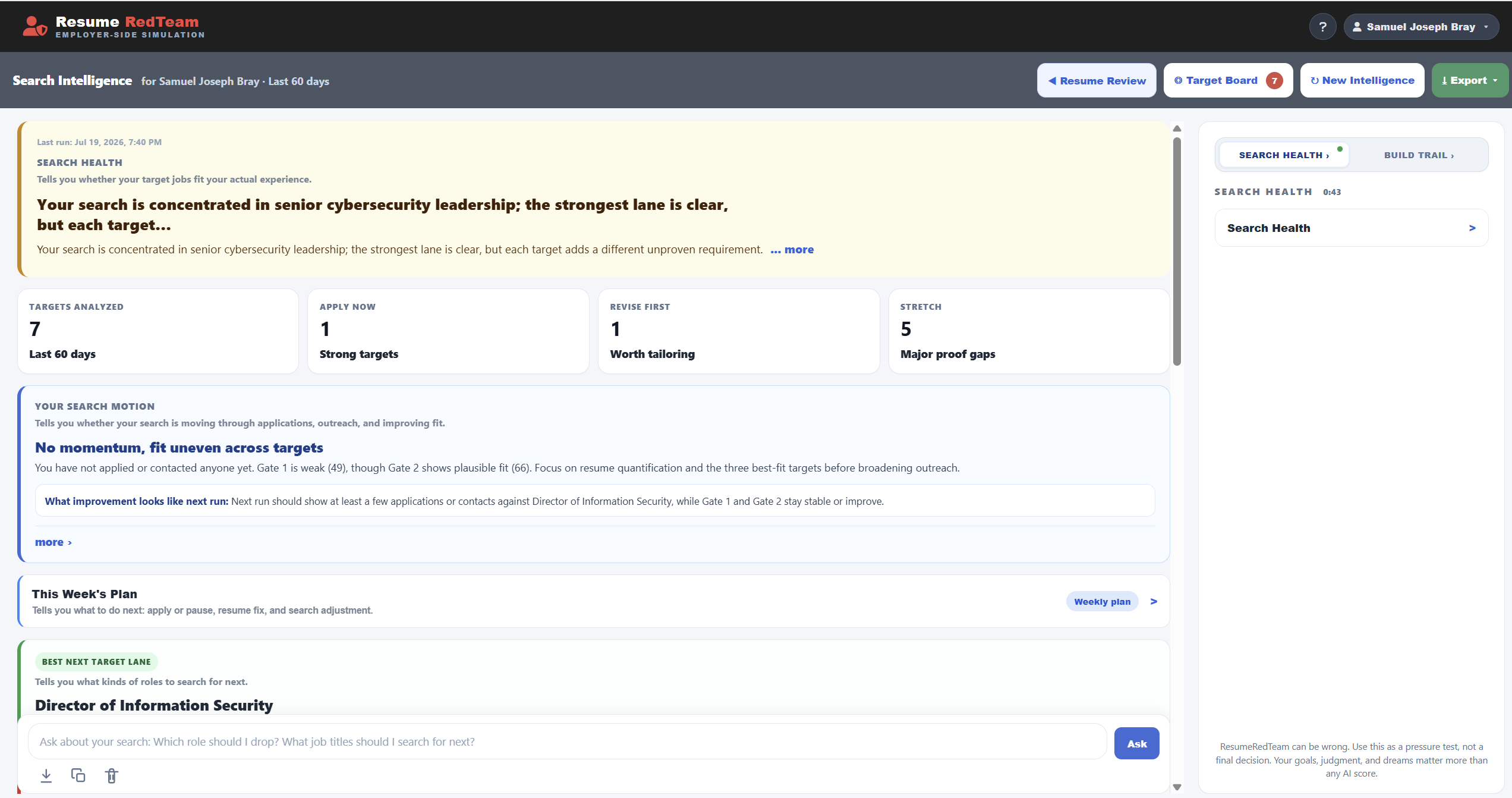Search Health results: strategy verdict, search motion, targets analyzed, and this week's plan