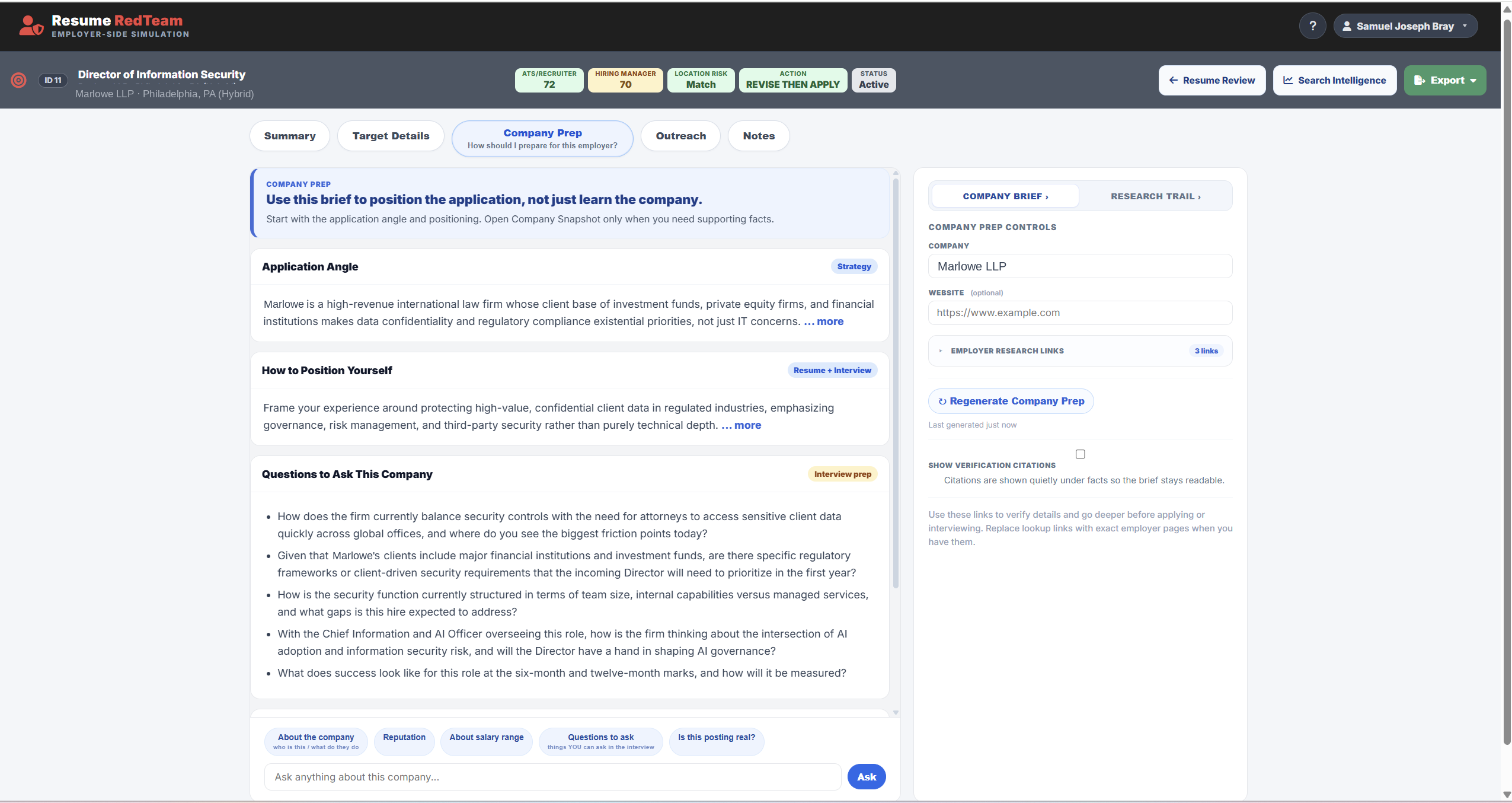 Company Prep tab inside a target dossier showing application angle, positioning guidance, and interview questions